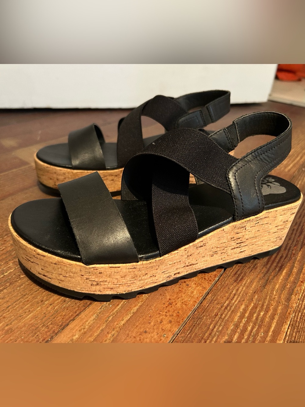 Sorel Black Cork Platform Sandals with Elastic Crossover Straps - Picture 2 of 7